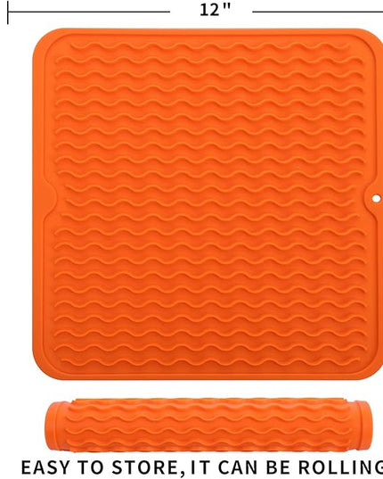 Silicone Dish Drying Mat for Multiple Usage,Easy clean,Eco-friendly,Heat-resistant Silicone Mat for Kitchen Counter or Sink,Refrigerator or Drawer liner Orange M 12 inches x 12 inches