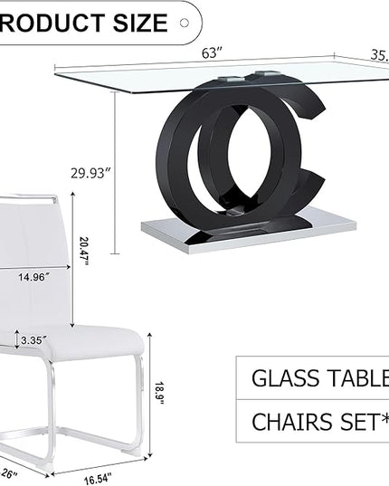 Ebullient Glass Dining Table Set for 4 ，5 Piece Dining Table Set,Tempered Glass Table Top，Modern Dining Room Table with 4 PU Leather Ergonomic Dining Chairs