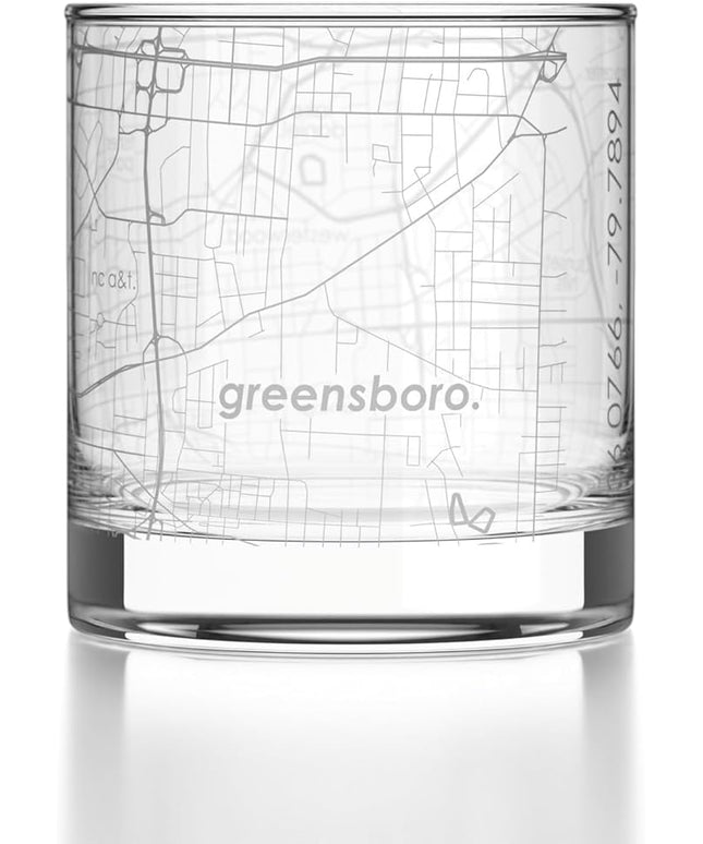 Well Told Engraved Greensboro North Carolina Map Rocks Glass, Old Fashioned Glassware (11 oz, Clear) Etched Bourbon Tumbler, Gifts For Whiskey Lovers