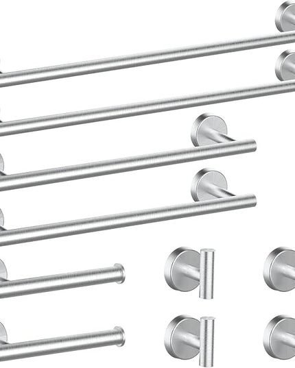 Newfun 10Pcs Brushed Nickel Bathroom Hardware Set - Includes 24&18inch Towel Bar, Robe Hook, Toilet Paper Holder, 2 Pack 5 Piece Bathroom Accessories Set Stainless Steel Wall Mounted