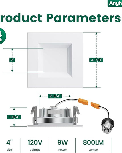 4 Inch Led Recessed Lights Square,Led Downlight Square White,with Baffle Anti-Glare,5CCT 2700K-5000K Dimmable,9W 800LM,ETL & ES(24 Pack)
