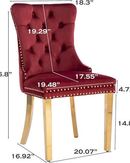 SoarFlash Velvet Dining Chairs Set of 2, Tall Back Side Chair, Modern Upholstered Side Chair with Button Back Ring, Gold Plated Stainless Steel Legs (Red)