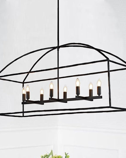 Farmhouse Iron Linear Chandelier, Industrial Cage Adjustable Height Hanging Lamp with Hammered Metal Finish, Light Fixtures for Kitchen Island, Dining Room, Hallway, Foyer, Entryway (Black)