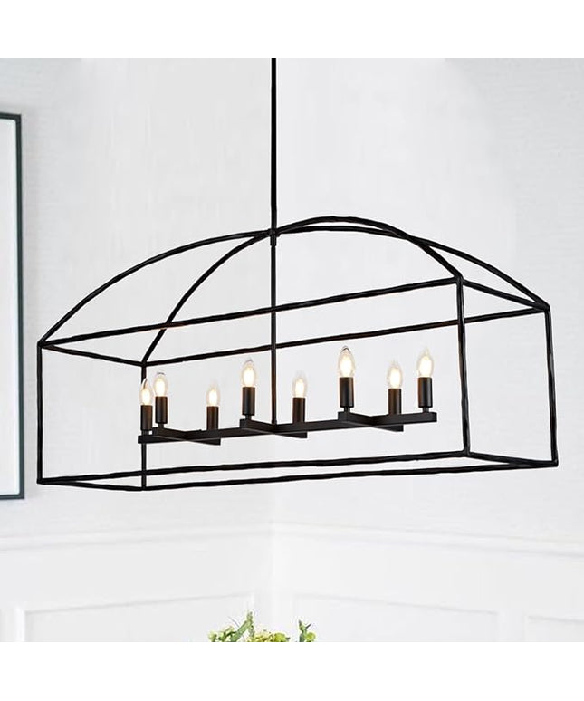 Farmhouse Iron Linear Chandelier, Industrial Cage Adjustable Height Hanging Lamp with Hammered Metal Finish, Light Fixtures for Kitchen Island, Dining Room, Hallway, Foyer, Entryway (Black)