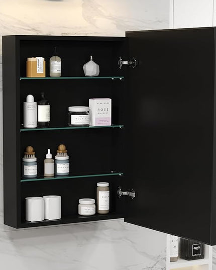 Black Medicine Cabinet Mirror, 17x30 Inch Bathroom Wall Cabinet Mirror with Storage & Adjustable Shelves, Wall Mounted Medicine Cabinets for Bathroom,Tempered Glass