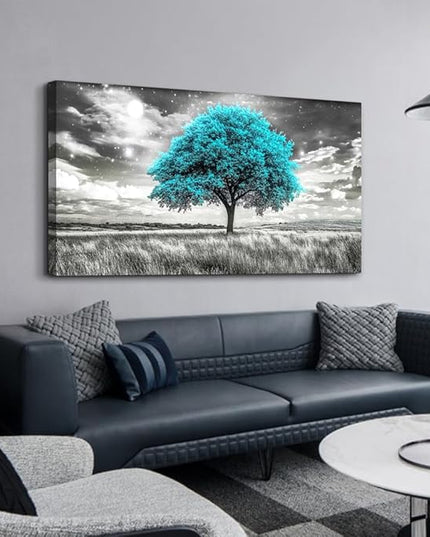 KELIYUAN Large Canvas Wall Art For Living Room Wall Decor For Bedroom Corridor Blue Tree Natural Scenery Full Of Stars Black And White Modern Printing Dining Room Kitchen Home Decoration 30 "X 60"