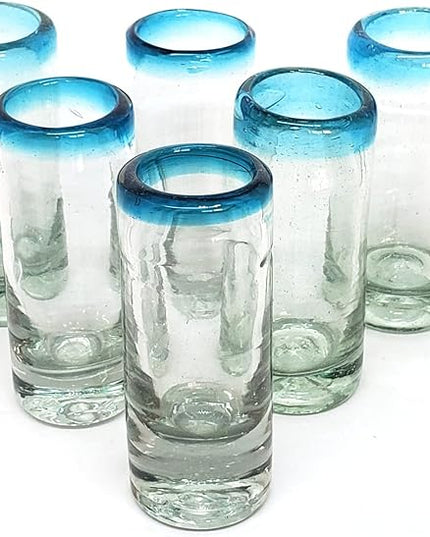 Aqua Blue Rim 2 oz Tequila Shot Glasses (set of 6), Recycled Glass, Lead-free, Toxin-Free (Shot)