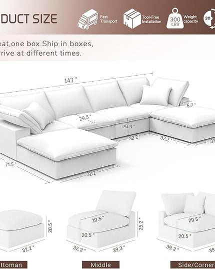 Modular Sectional Sofa,Extra Comfty Deep-Seat-Filled Couch, White 6 Seat U Shape Sofas with Movable Ottoman, Modern Couches for Living Room, Apartment, Office,Small Space