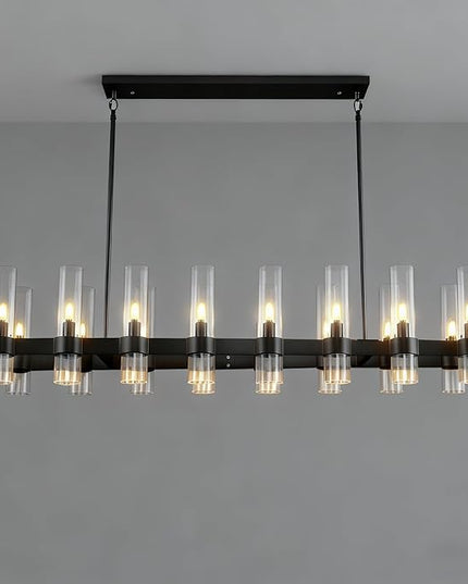 Black Linear Chandeliers for Dining Room, 54" Rectangle Chandelier with Glass, 16-Light Modern Chandeliers Over Table, Farmhouse Chandelier for Kitchen Island, Industrial Pendant Light Fixtures