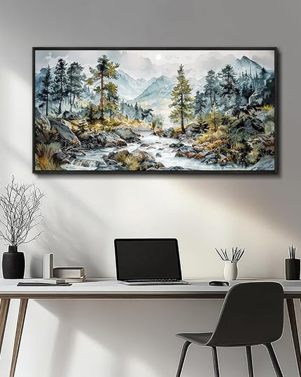 PHAOHUAXM Large Wall Art For Bedroom Wall Decor For Living Room Office Home Decoration Rivulet View Painting Forest Tree Landscape Watercolour Canvas Pictures Ready To Hang Black Framed 20x40 In