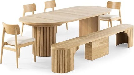 Transformer Table - Solid Wood Extendable Round Dining Table Set with Bench and 4 Chairs, Seats 4-10, Extendable Round Dining Set, Scandinavian Oak, Natural Finish (Table + Bench + 4 Chairs)