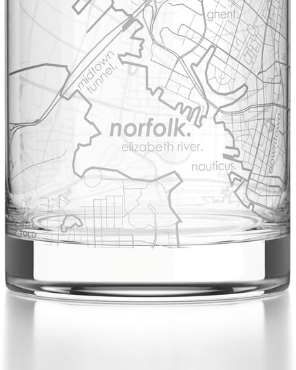 Well Told Engraved Norfolk Virginia Map Rocks Glass, Old Fashioned Glassware (11 oz, Clear) Etched Bourbon Tumbler, Gifts For Whiskey Lovers