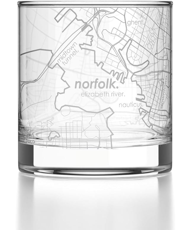Well Told Engraved Norfolk Virginia Map Rocks Glass, Old Fashioned Glassware (11 oz, Clear) Etched Bourbon Tumbler, Gifts For Whiskey Lovers