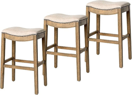 Maven Lane Adrien Backless Bar Stool – Set of 3 – 31 Inch Saddle Seat with Footrest – Natural Solid Wood Frame & Natural Fabric Upholstery – Ideal for Bars, Pub Tables & Tall Kitchen Counters