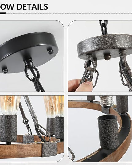 Farmhouse Wooden Wagon Wheel Chandelier 8 Lights 23.8'' Vintage Wood Round Chandelier Rustic Black Pendant Light Fixtures for Living Dining Room Kitchen Entryway Foyer