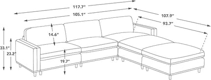 CHITA 118" Super Large Luxury L Shape Convertible Sectional Modular Sofa, FSC Certified Down Filled Modern Sofa, Deep Seat Cloud Couch, 5 Seat Couch with Chaise, Solid Wood Leg, Faux Leather in Camel