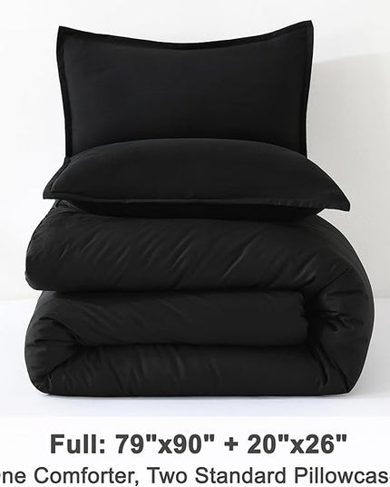 Litanika Black Comforter Full Size, 3 Pieces Boho Lightweight Solid Bedding Comforter Set, All Season Fluffy Bed Set (79x90In Comforter & 2 Pillowcases)