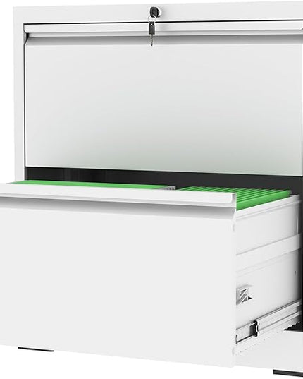 2 Drawer File Cabinet with Lock, White Metal Lateral Filing Cabinets for Home Office, Heavy Duty Steel Horizontal Locking Storage Cabinet for Legal/Letter/A4 Size File, Assembly Required