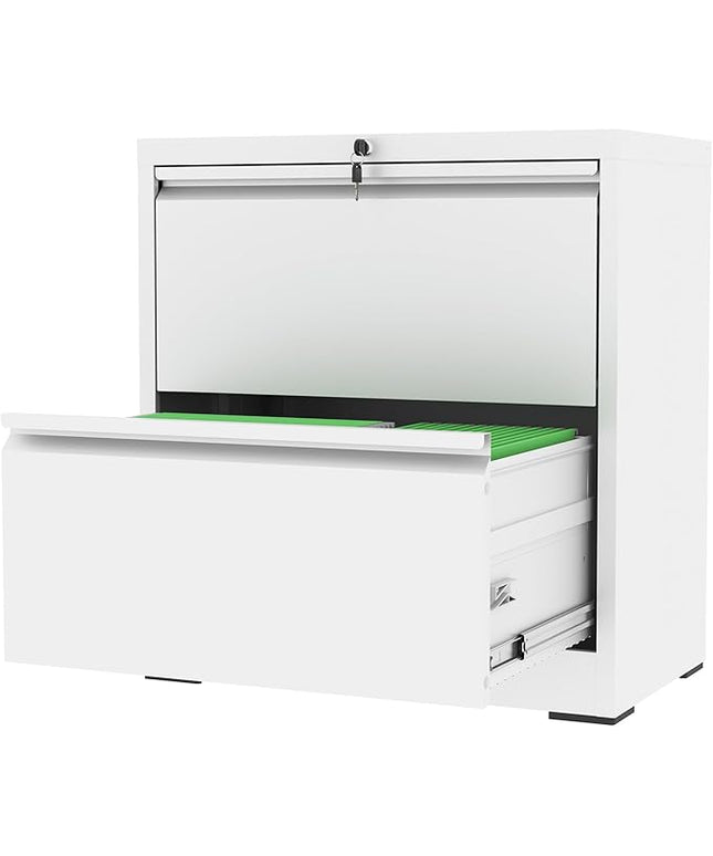 2 Drawer File Cabinet with Lock, White Metal Lateral Filing Cabinets for Home Office, Heavy Duty Steel Horizontal Locking Storage Cabinet for Legal/Letter/A4 Size File, Assembly Required
