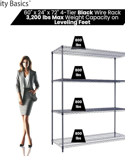 NSF Commercial 4-Tier Wire Shelving with Wheels, 60"x24"x72" Heavy Duty Metal Shelves 3200 lbs Max Capacity, Black Storage Rack for Garage Kitchen Pantry Warehouse