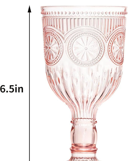 Pink 24 Pack Vintage Wine Glasses, Plastic Reusable 12 Ounce Colored Water Goblets, Unique Flower Embossed Pattern Unbreakable Stemmed Wine Glasses High Clear Wedding Party Bar Drinking Cups
