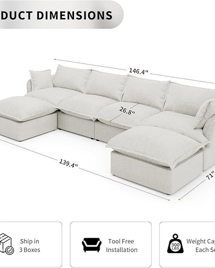 Cloud Sectional Sofa, 146.4" Large Convertible Modular Couches, U Shape Down Fill Sectional Sofa,Detachable Couch Cushion Covers, 6 Seater Corner Sofa for Living Room,Grey