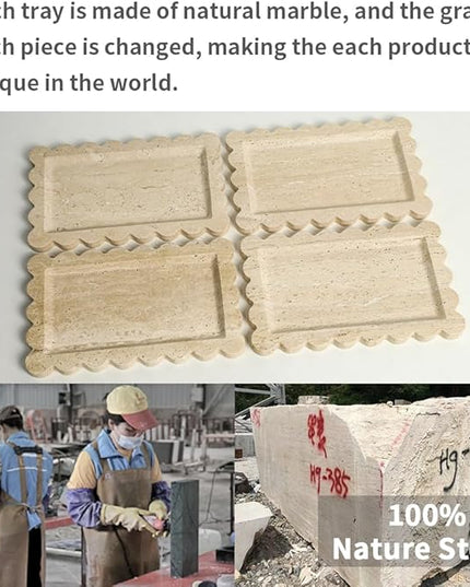 Natural 100% Marble Vanity Tray Luxury Scalloped Marble Storage Square Rectangle Tray for Home Decor Stone Tray for Bathroom/Kitchen/Candle Key (Rectangle-11.8 * 7.4-Beige Travertine)