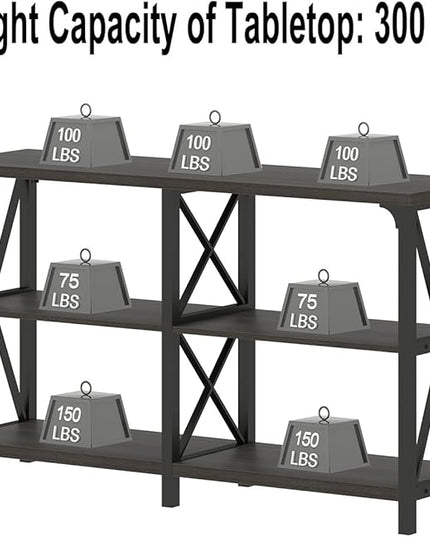 IBF Long Console Table, Industrial Entryway Table with Storage Shelves, Modern Metal Wood Sofa Table Behind Couch, Farmhouse 3 Tier Foyer Hallway Table for Entry Living Room, Dark Gray Oak, 63 in