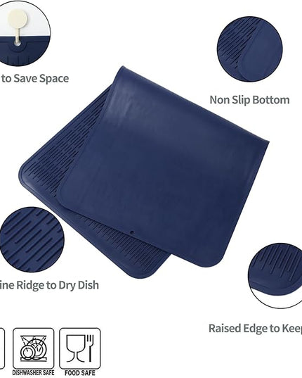 Silicone Dish Drying Mat for Multiple Usage,Easy clean,Eco-friendly,Heat-resistant Silicone Mat for Kitchen Counter or Sink,Refrigerator or Drawer Liner Navy Blue 5XL 36inches x 18inches