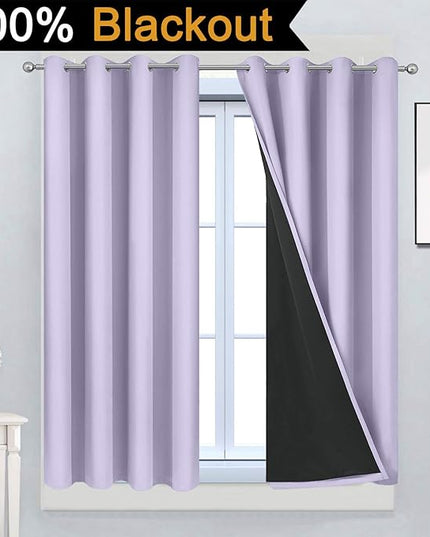 Yakamok Full Blackout Curtains 45 Inches Long,Blackout Curtain Panels for Bedroom, 2 Thick Layers Grommet Top Thermal Insulated Drapes with Black Liner for Living Room(52Wx45L, Lilac, Set of 2)