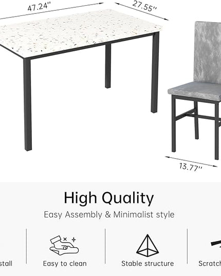 AWQM Dining Table Set for 4, Modern Marble Dining Table Set with 4 Upholstered Velvet Chairs,Dining Room Table Set for Kitchen, Breakfast Nook, Dining Room, Grey