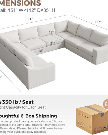 ABCASA U Shaped Sectional Sofa with Detachable Cover, Modular Couch for Living Room, Breathable Linen Fabric Corner Couch with 11 Seats, Ivory