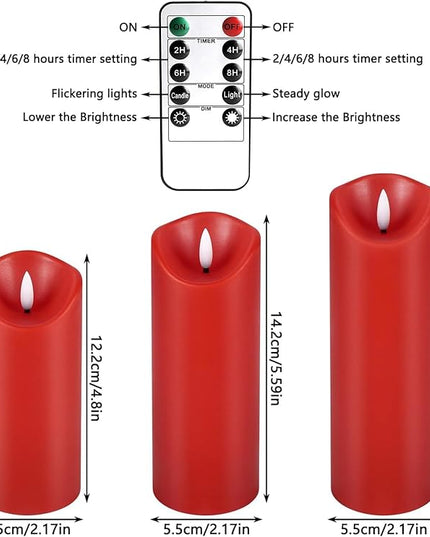 24 Pack Christmas Decoration Flickering Flameless Candles,LED Candles Battery Operated Pillar Candles with Remote Control.for New Year, Home Decor, Parties,Wedding(D2.2 xH 5" 6" 7" Red)