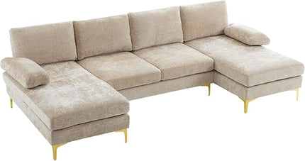 VINGLI 110" Large U-Shape Sectional Sofa Couch with 51" D Double Chaise for Living Room, Modern Sectional Couch Set with Soft 5.9" Thickness Seating Padding, Chenille Fabric,Metal Gold Legs(Khaki)