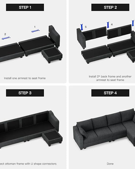 Belffin Sectional Couch with L-Shape Chaise L Shaped Couch with Ottoman Sectional Couches for Living Room Corduroy (Dark Grey, L Shaped)