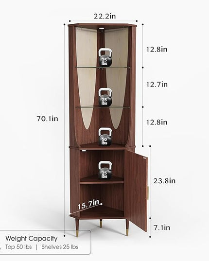 70" Tall Corner Cabinet,Mid Century Modern Cabinet with Doors,Fluted Corner Bar Cabinet with Glass Holder,Lights and Storage Shelves,Wine Bar Cabinet for Liquor, Living Room, Kitchen, Walnut