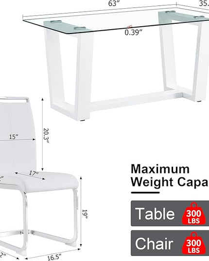 Ebullient Glass Dining Table Set for 6, Modern Dining Table Set for 6, Tempered Glass Tabletop with White MDF Trapezoid Legs, Rectangle Kitchen Table with 6 Faux Leather Chairs for Home, Apartment
