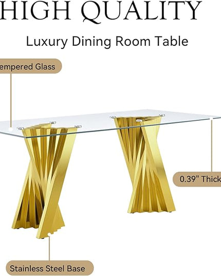 70" Glass Dining Table for 6, Modern Tempered Glass Kitchen Table, Rectangular Dining Room Table with Gold Stainless Steel Base Dinner Tables for Kitchen Home Office