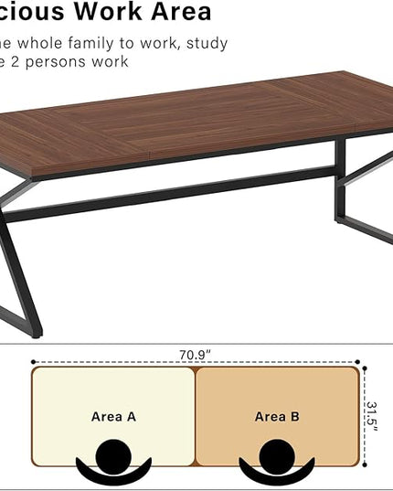 HSH 70 Inch Long Walnut Desk, 2 Person Large Work Desk for Home Office, Rustic Wood and Metal Executive Writing Study Gaming Computer Table, Modern Bedroom Living Room PC Laptop Dual Monitor Table