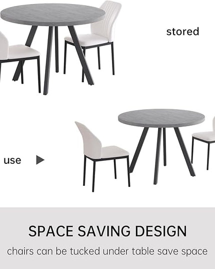 34.6'' Round Dining Table and Chairs for 2, Space Saving Modern Casual Coffee Table Set for Apartment Kitchen Dining Room (Grey Table+2 White Chairs)