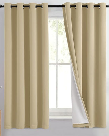 Yakamok 100% Blackout Curtain Panels 63 inches Cold and Light Blocking Drapes for Nursery, 2 Thick Layers Thermal Insulated Draperies (2 Pieces, 50 Wide Each Panel, Beige Front with White Backing)
