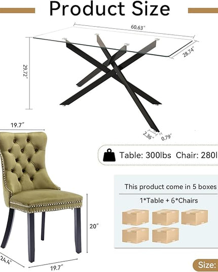 Modern 7-Piece Glass Dining Table Set for 6, Modern 60" Rectangle Black Glass Dining Room Table Set with Olive Green Velvet Tufted Chairs Wood Legs for Kitchen Dining Room