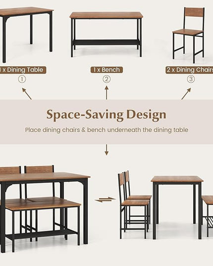 COSTWAY Dining Table Set for 4, Rectangular Kitchen Table Set with Bench and 2 Chairs, Storage Rack & Metal Frame, 4-Piece Dining Room Table and Chairs Set for Small Space, Apartment (Brown)