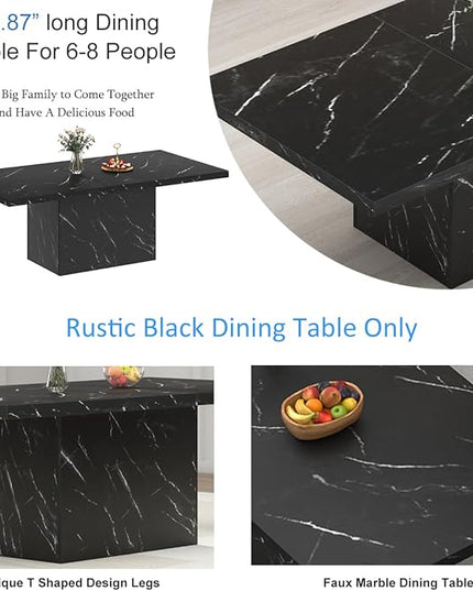 HSH 71” Black Dining Table for 6-8, Rectangle Modern Faux Marble Dinner Table, Large Dining Room Table for Kitchen Living Room, Industrial Wood Kitchen Table only with Sturdy Base, Black, 71 Inch