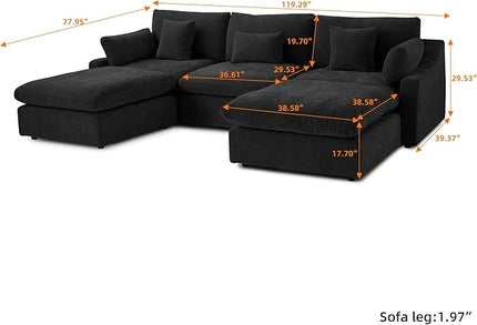Cloud Couch Modular Sectional Sofa,119.29" U Shaped Couch, Oversized Down Filled Convertible Wide Seater,3 Seater with 2 Ottomans for Living Room Set, Covers Washable&,Black