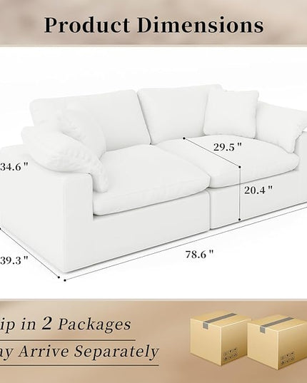 Modular Sectional Sofa Cloud Couch,78.6" Down Filled Comfy Cloud Modern Sofa,2 Seater with White Linen Couch Cushion Covers Removable Furniture for Living Room