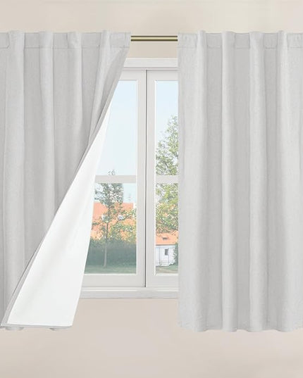 LAMIT Short Window Linen Curtains 48 Inch Length 2 Panels, 100% Blackout Linen Textured Thermal Curtains Back Tab and Rod Pocket Neutral Panels with White Liner for Bedroom, 34 x 48 Inch, Light Grey