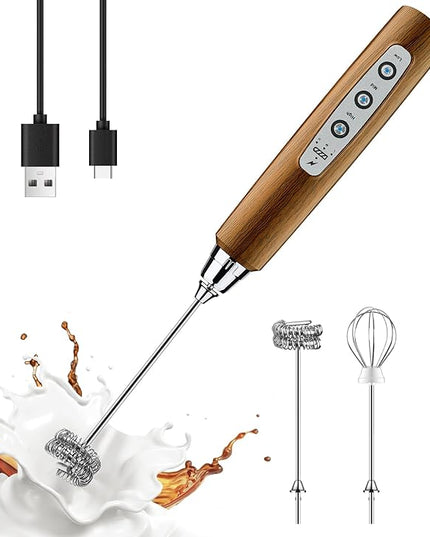 YUSWKO Wood Grain Handheld Milk Frother Wand for Coffee, Rechargeable Electric Whisk with 3 Heads 3 Speeds Drink Mixer Coffee Frother For Latte, Cappuccino, Hot Chocolate, Egg