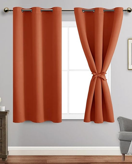 JIUZHEN Blackout Curtains with Tiebacks - Thermal Insulated, Light Blocking and Noise Reducing Grommet Curtain Drapes for Bedroom and Living Room, Set of 2 Panels, 42 x 45 Inch Length, Caramel