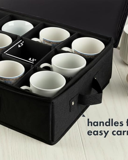 Hard Shell China Storage Containers 5-Piece Set Moving Boxes for Dinnerware, Glasses, Plates, Mugs and Saucers Sturdy Dish Organizer with Dividers for Seasonal Storage - Service for 12 - Black Quilted